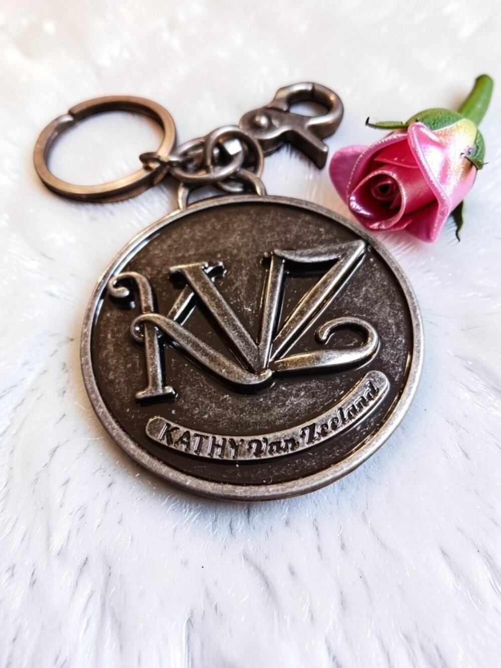 Vintage Kathy Van Zeeland Purse Charm / Keychain – Metallic KVZ Logo Medallion
